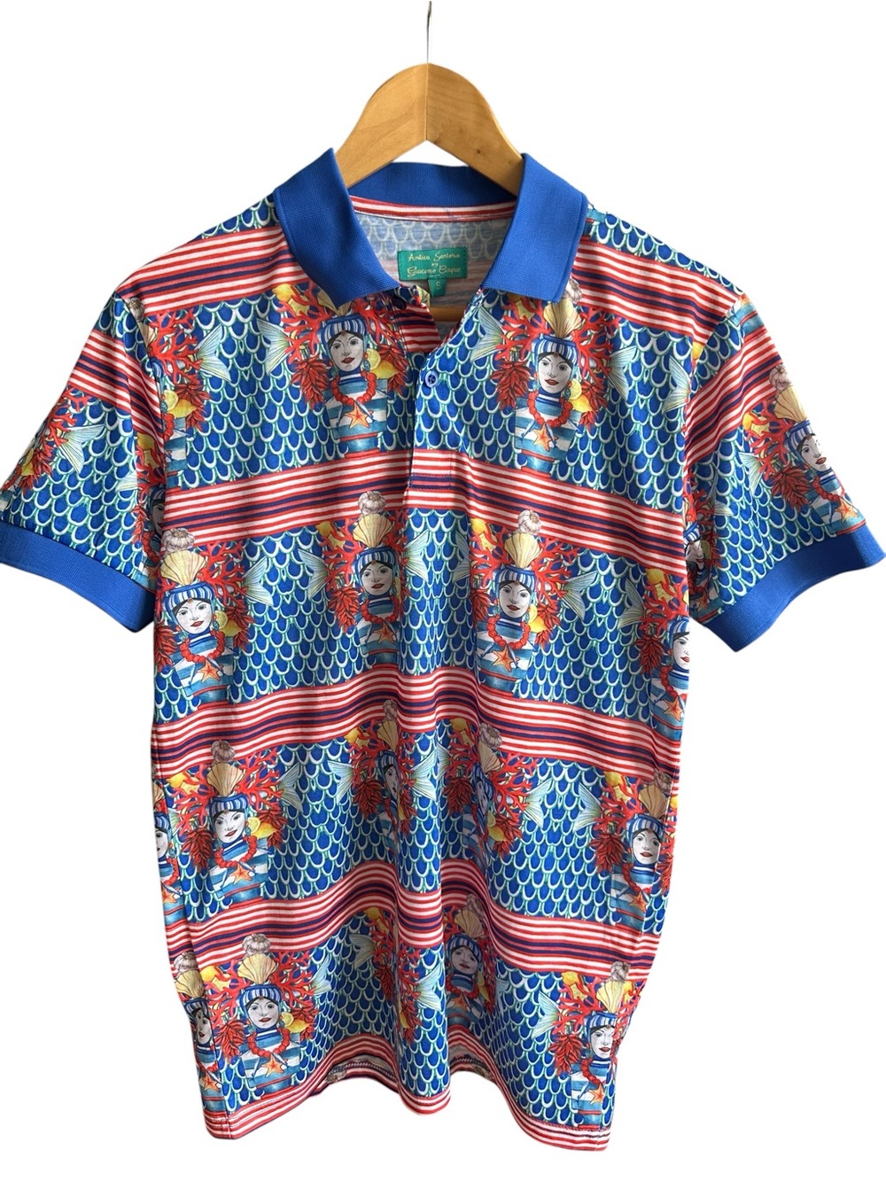 Antica Sartoria S Men's  Polo Shirt Sicilian Testa Moro Print Italy Blue Red